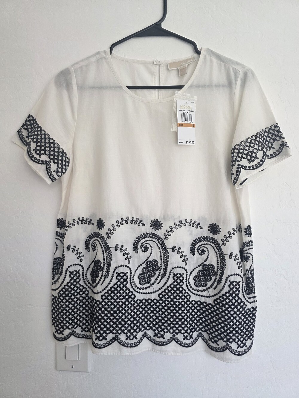 Michael Kors Embroidered Cream Short-Sleeve Top with Black Paisley Detail. NWT